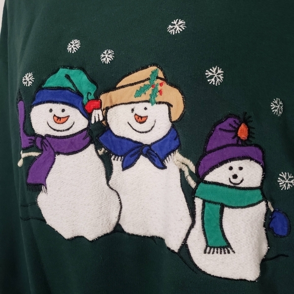 Nutcracker Vintage Women's Sweatshirt Dark Green Snowmen Snowflake Winter Top - Picture 2 of 7